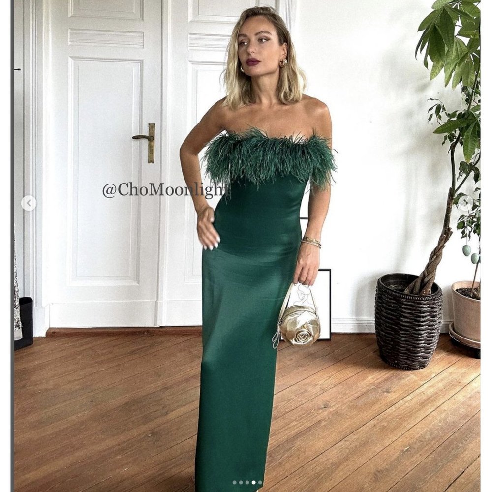 ZARA WOMAN GREEN FEATHER DRESS SATIN MIDI STRAPLESS wedding Party DRESS NWT